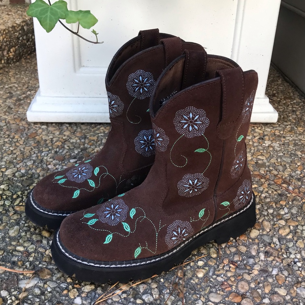 ROPER brown suede turquoise floral embroidered stitched ankle cowboy boots